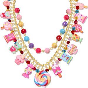 Candy Layered Necklace Colorful Beads Lollipop Dessert Pendant Choker